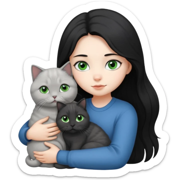 Black long hair, white skin, black eyes, pretty girl is hugging a gray Scottish fold green-eyed cat white blue-eyed cat

 sticker