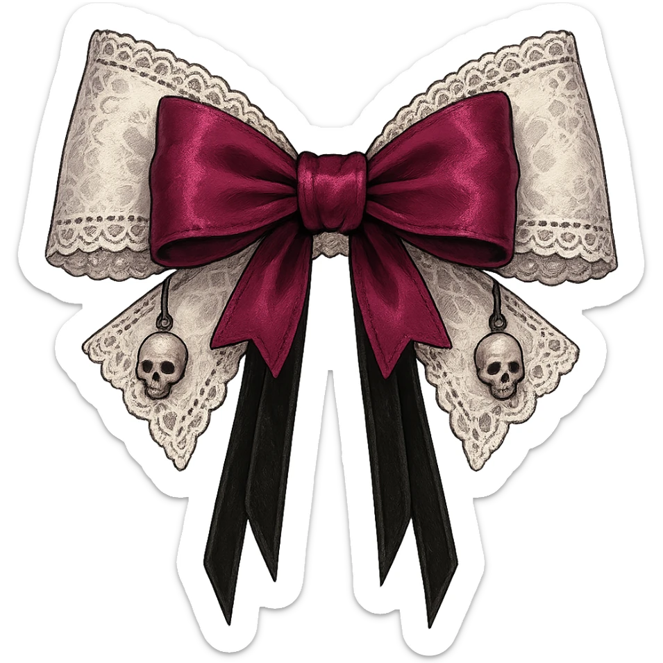Edit the image to depict a white gothic bow with lace details, dark pink accents, and additional gothic elements such as tiny skull charms and black velvet ribbons. The style should be general to allow flexible editing. Remove the background. sticker