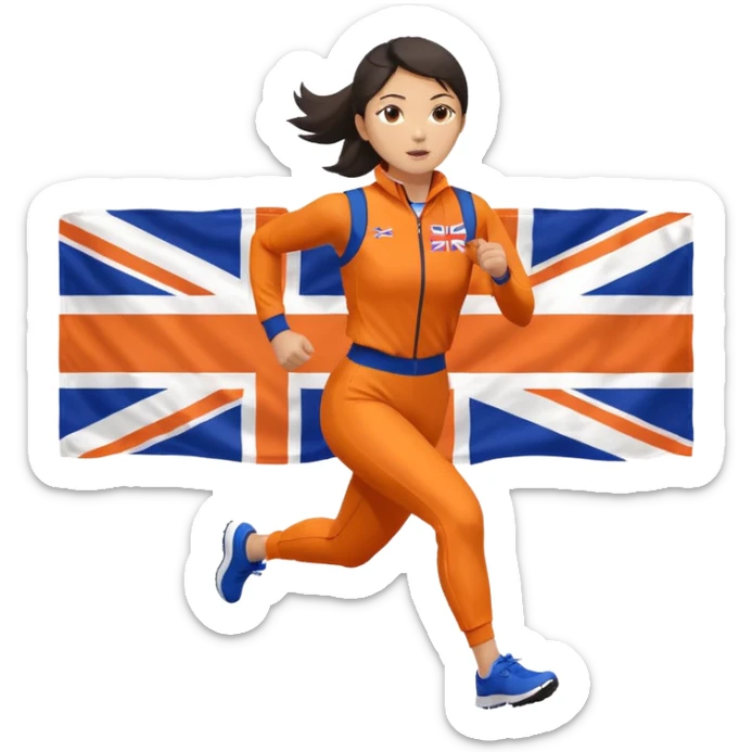 asian woman in orange sport suit and uk flag on the back holding it, running sticker