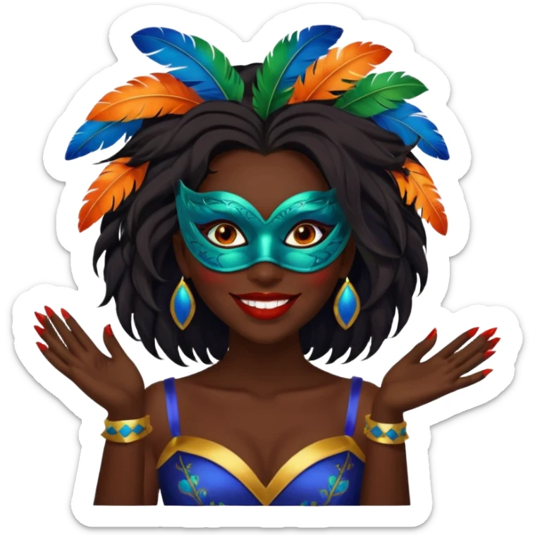 i need the same girl in "dark skin girl, dark red lipstick, nails very beautiful" to be smiling in "carnival mas costume, blue, green and orange preferably, full costume feathers at the back" she is to be smiling, hair should be dark shoulder length, black nail polish on her fingers  sticker