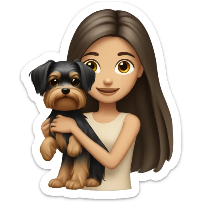 Brunette long hair light tan girl with beige and black yorkie puppy sticker
