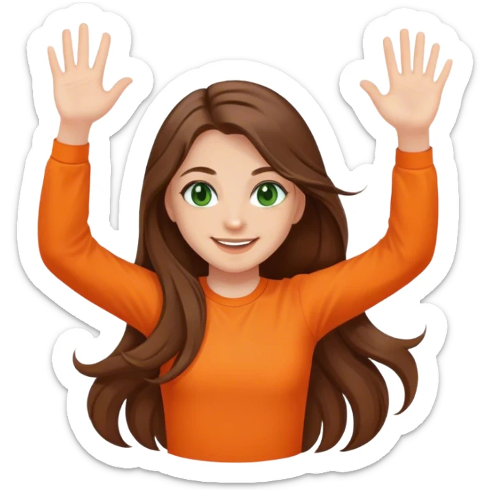 smiling girl with long brown hair, middle hair split, waving, green eyes, orange shirt sticker