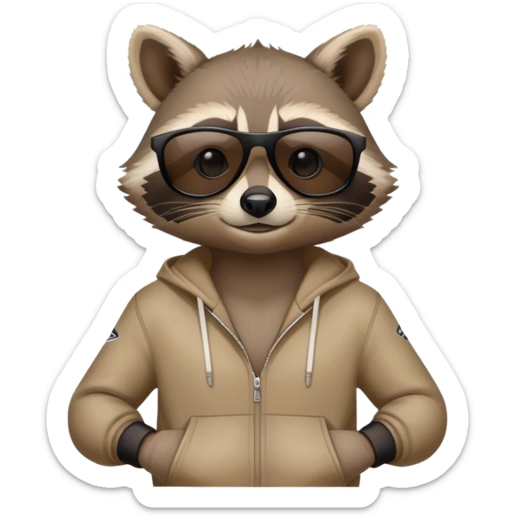 friendly anthropomorphised raccoon in sports wear, wearing dark sunglasses, relaxed pose, mafia style sticker