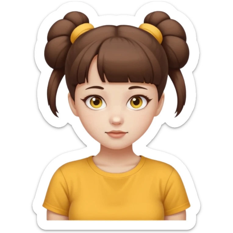 beautiful girl with brown hair with up twin buns style only, straight bangs, yellow eyes, milk brown tshirt, white skin, her body is a little fat  sticker
