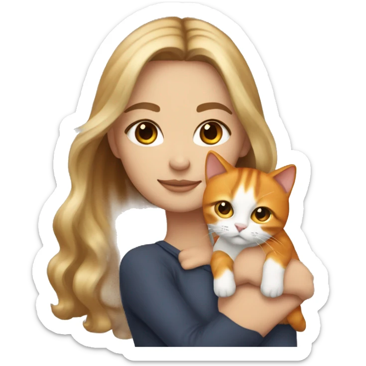 White girl with blonde balayage and brown eyes holding an orange cat sticker