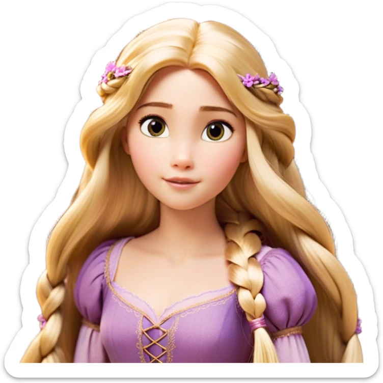 Cinematic Realistic Rapunzel Portrait, with porcelain-like skin featuring a subtle, natural glow, illuminated by soft lighting that brings out the gentle contours of her face. Her long, golden blonde hair cascades in detailed waves, each strand highlighted with a radiant shimmer as it catches the light. She playfully holds a flower in one hand, her other hand resting casually in her lap, with a warm and spirited expression. Her bright, expressive green eyes exude curiosity and warmth, framed by delicate lashes and soft, arched brows. She is dressed in her classic lavender and pink gown, the fabric textured with delicate folds that flow naturally, catching the light with a soft, radiant glow. The portrait captures a luminous, enchanting aura, seamlessly blending realism with a whimsical, fairytale charm, evoking a timeless sense of beauty and magic. sticker