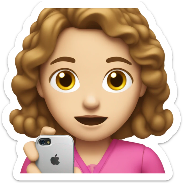 White woman, brown hair, holding a cell phone, and dressed in pink sticker
