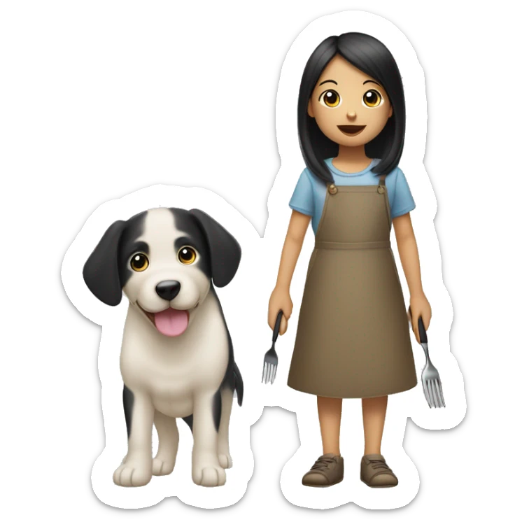 Little girl with long black hair that’s Asian with a fork in one hand and a puppy in the other hand sticker