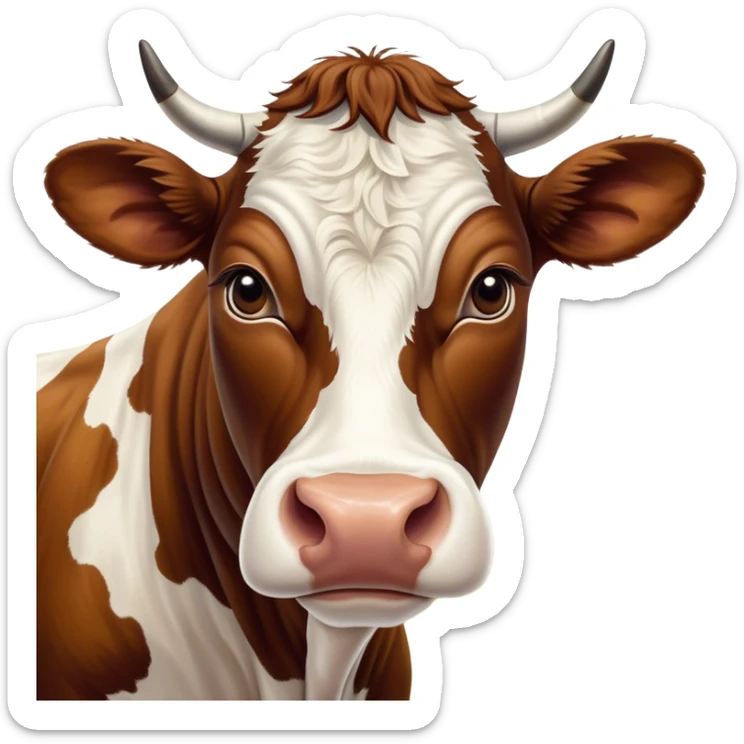 Cinematic Noble Brown and White Cow Portrait Emoji, Poised and regal, with a large, sturdy build and a beautifully patterned hide of rich brown accented by crisp white patches, deep-set soulful brown eyes, Simplified yet sharp and sophisticated features, highly detailed, glowing with a soft, dignified glow, high shine, intelligent and calm, stylized with an air of pastoral majesty, focused and attentive, soft glowing outline, capturing the essence of a watchful and confident bovine guardian, so majestic it feels as though it could amble out of the screen with effortless authority! sticker