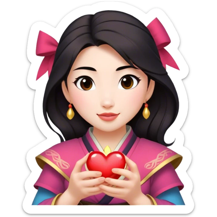 Cinematic Adorable Mulan Portrait Emoji, Playfully holding Cri-Kee in her hands, eyes sparkling with mischief, soft rosy cheeks, a warrior with a heart full of charm, radiant in the morning sunlight, glowing with warmth and joy! sticker