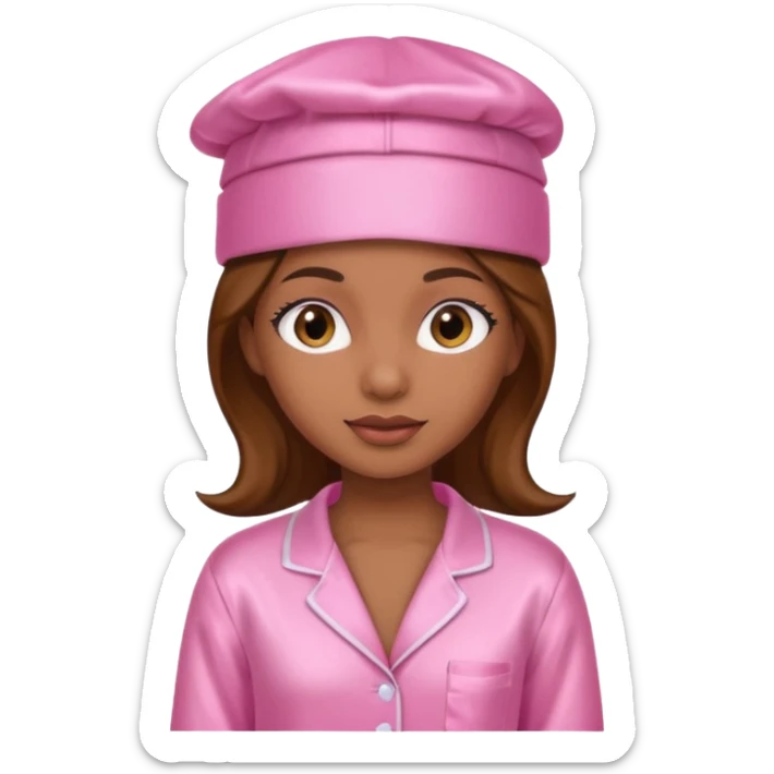 a brown skin girl with a pink satin cap and pajamas sticker