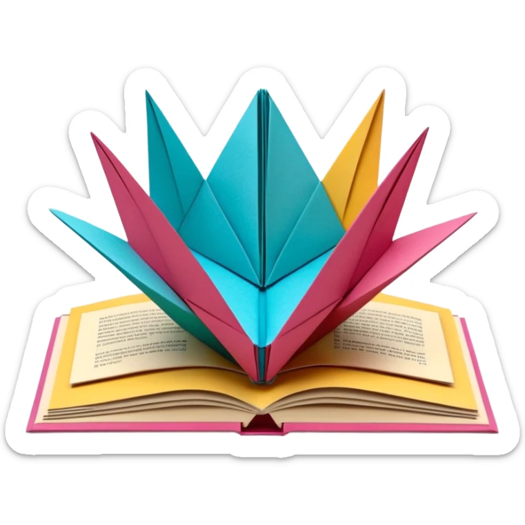 3D render of Pop-Up Book entirely of folded origami paper, sharp creases, cardboard texture, matte finish, visible paper grain, craft aesthetic, sticker