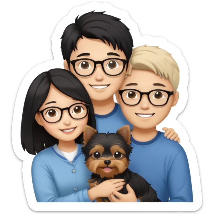 “An Asian girl with long, wavy black hair (loose, no hair tie) next to her smiling boyfriend—a light brown-skinned man with a Korean-style haircut and glasses. Together, they’re holding a small Yorkshire Terrier sticker