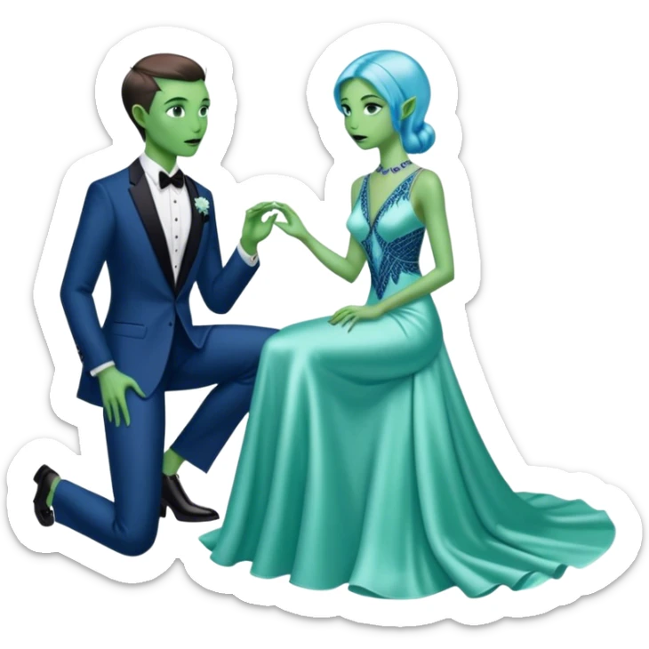 alien reptilian green skin woman, in long slim pastel blue formal party satin dress with gradient shiny sparkling navy blue diamonds embroidered , and caucasian man in black dres on his knees asks her to marry her sticker