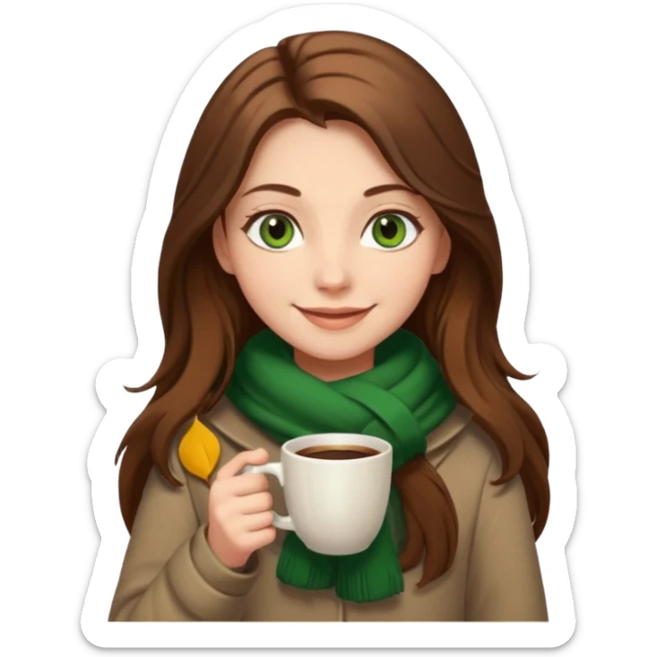 Girl green eyes brown long hair with brown-white winter clothes with coffee in her arms sticker