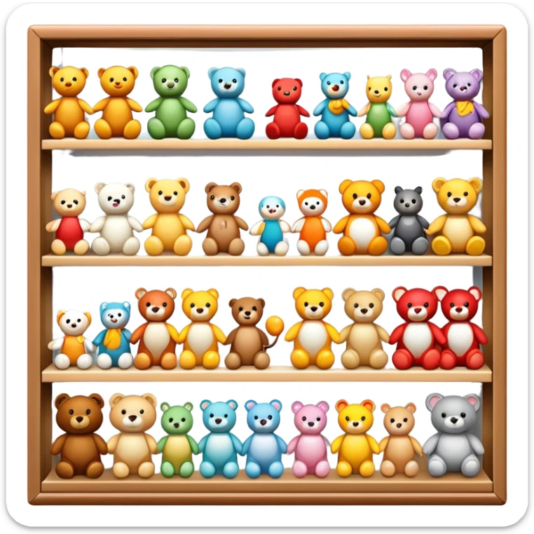 Icon for Toy Collecting: a collection of various vintage toys such as dolls, action figures and plush animals, displayed neatly on shelves or in display cases. The icon should evoke the joy and nostalgia of collecting toys. Transparent background. sticker
