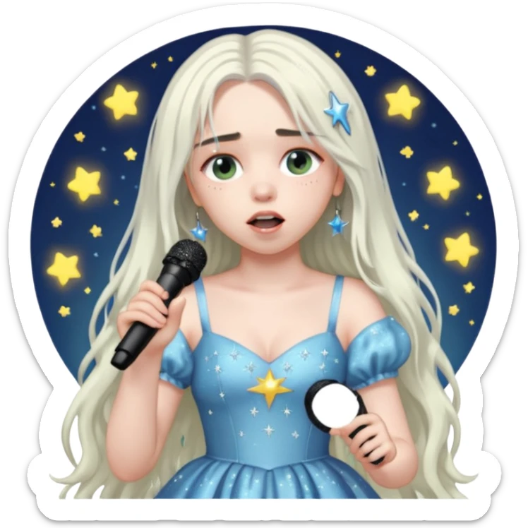 billie eilish is singing, holding mirco and twinkle dresss, white long hair sticker