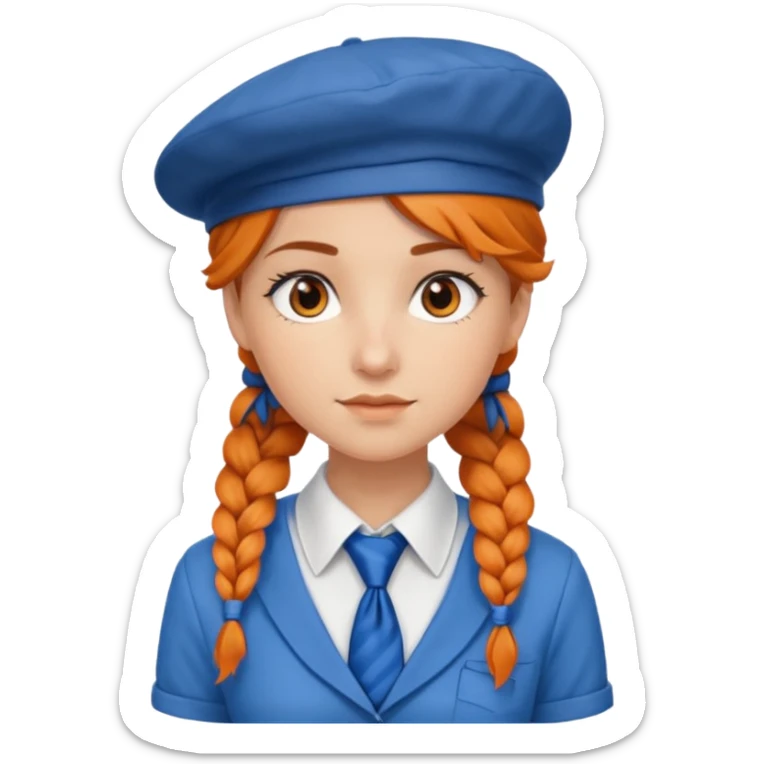 orange braided hair girl, wearing white shirt, Blue Necktie and a brown berret Hat sticker