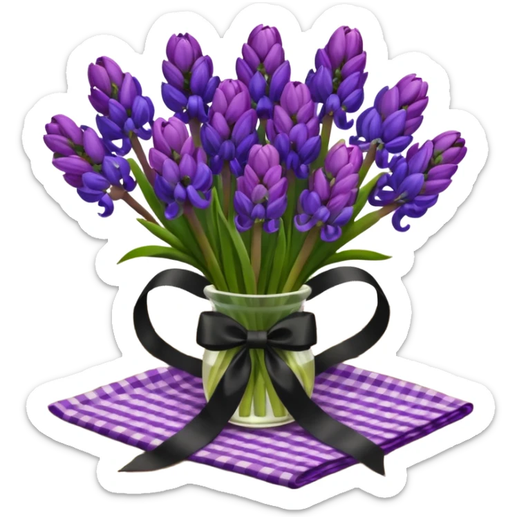 A lush bouquet of bright prple color Hyacinths black satin ribbon, resting on an antique wooden table, with a pale yellow and pink plaid pattern table cloth sticker