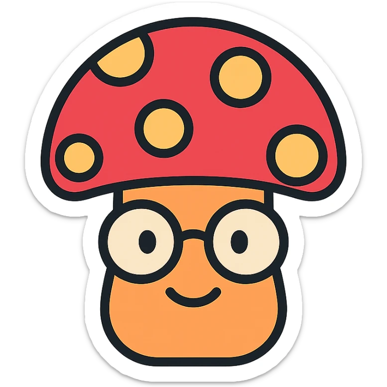 colorful icon of a mushroom with glasses and a smile sticker