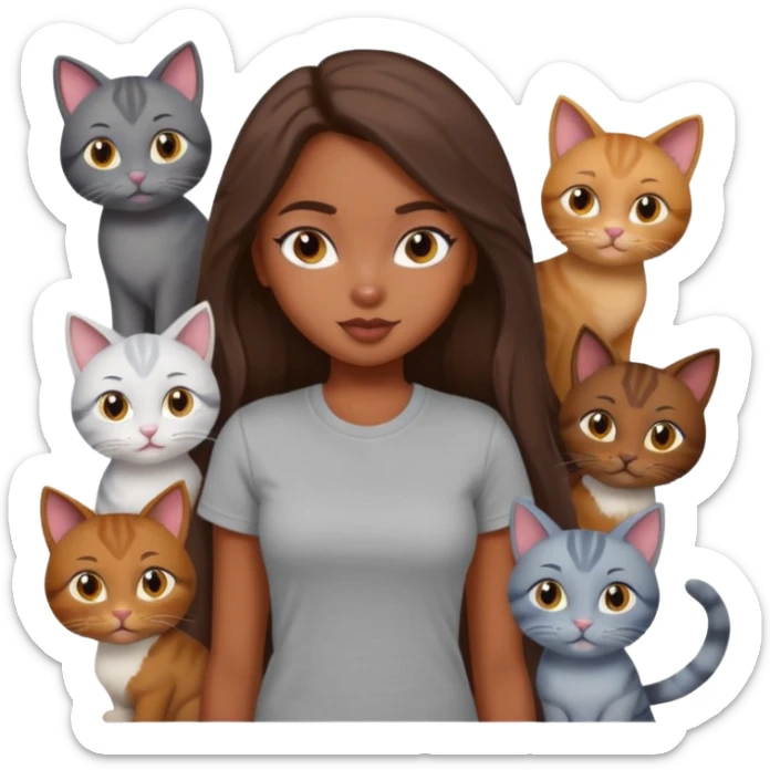 a pretty bratz dusky girl with long brown hair with six cats nd wearing a grey tshirt sticker