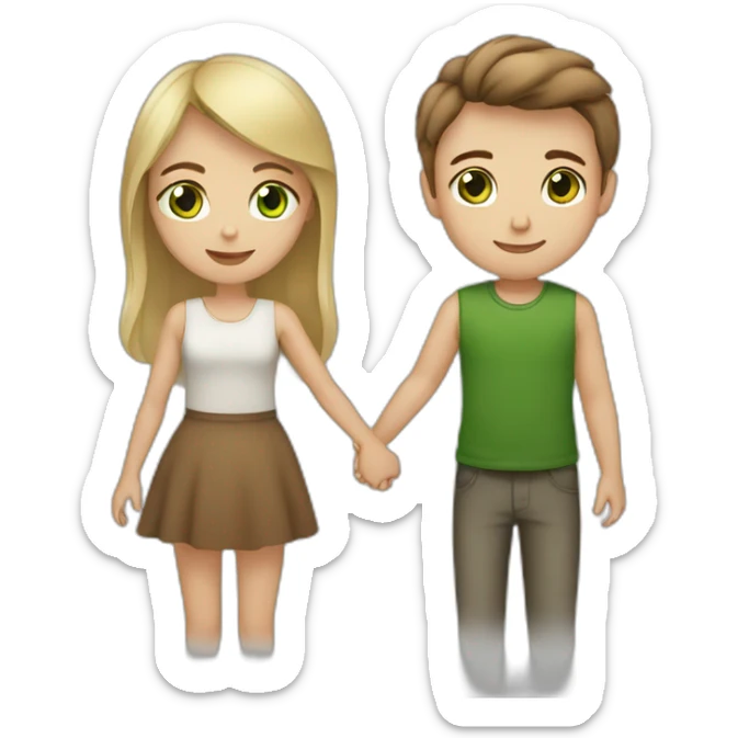 blonde girl with green eyes holding hands with boy with brown hair and brown eyes sticker