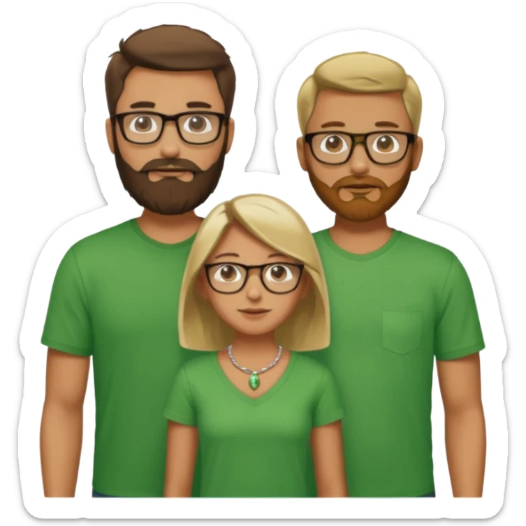 A family consisting of a man who's bearded, tanned, wearing glasses, a woman, slightly tanned, and a 14 year old teenage boy, slightly tanned, wearing a green t-shirt sticker