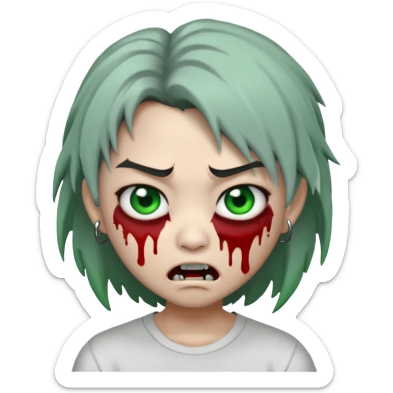 3D emoji-style avatar with grey zombie skin, dark brown hair, a young Asian face, and large green eyes with blood tears. Give it white litle bit messy middle hair style , silver hoop earrings, and a plain white T-shirt. The face expression should be slightly angry, with vampire fang sticker