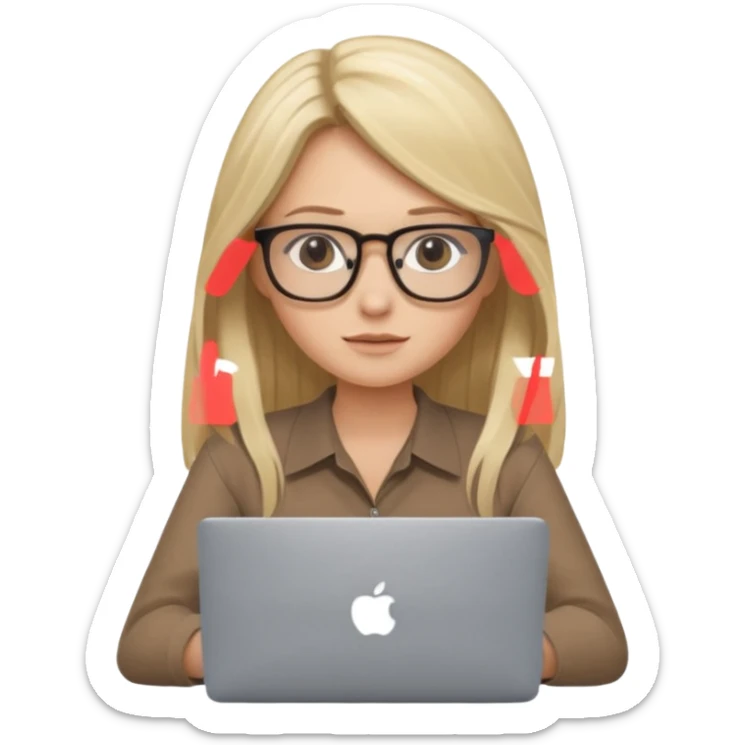 Girl in glasses, blonde long hair, brown blouse, sitting with gray MacBook sticker