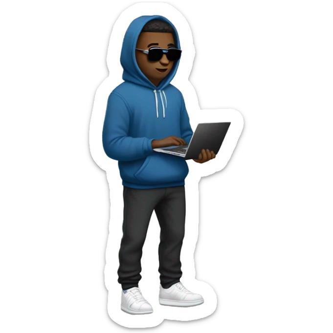 An university student in a blue hoodie with the hood down, black joggers with white sneakers carrying a closed laptop in one of his hand on the side of his body sideways and he is wearing thin sunglasses with black lens.  sticker