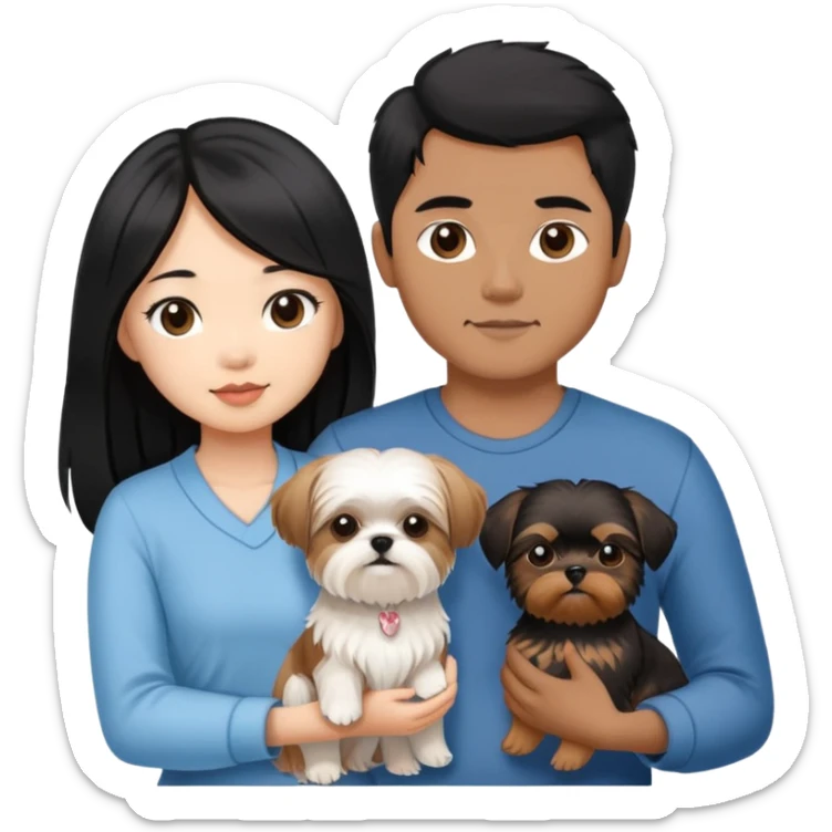 A beautiful Asian girl with long black hair is holding a small yorkshire Terrier. She is standing next to her brown skinned boyfriend, who is holding a white Shih Tzu. They are each holding one dog each sticker