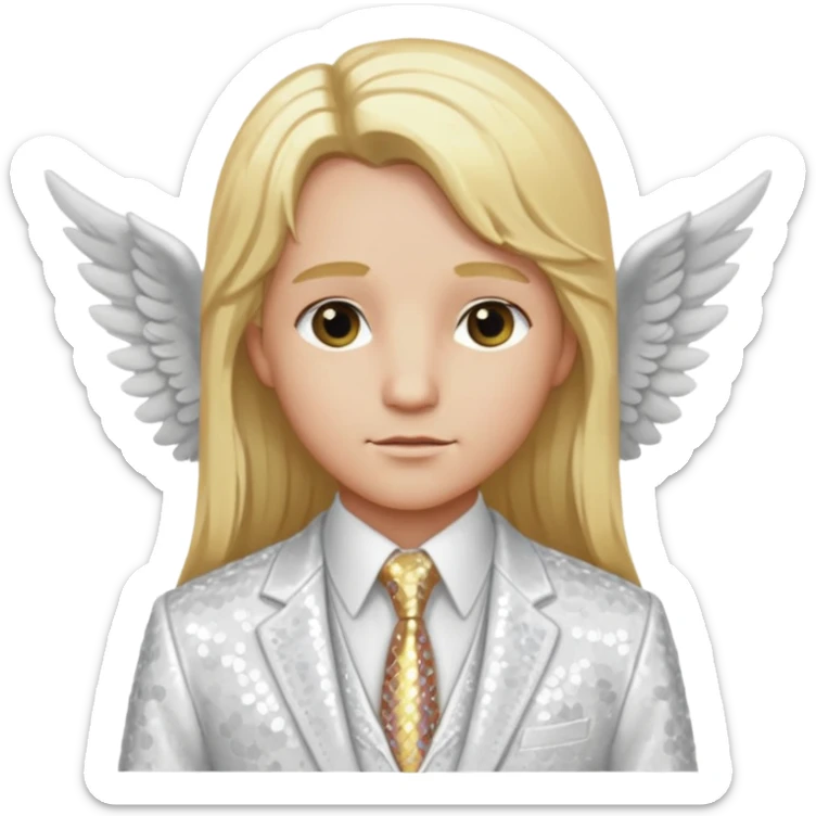 Angel from Christian Mythology with long blonde hair, white sequin suit jacket and tie, ivory shirt sticker