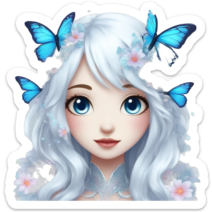 Edgy Cute Cool Kawaii gorgeous sparkly ethereal white fantasy animal with blue eyes sona with flowers and butterflies sticker