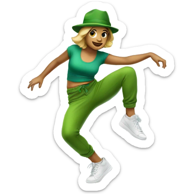 Australian woman breakdancing wearing australian green outfit with green hat sticker
