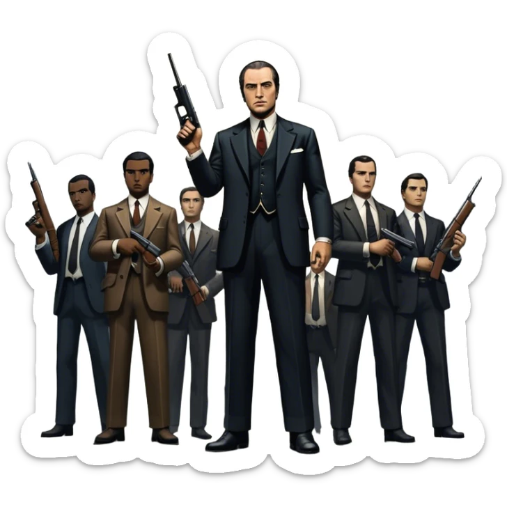 Vintage noir poster with Don Corleone surrounded by gangsters holding Thompson submachine guns. Dark and moody atmosphere with shadows, suits, and a mysterious vibe. Background features New York skyscrapers, adding to the gritty, classic gangster film feel. Transparent background. sticker