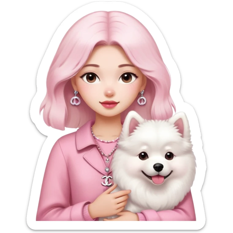 girl in pink Chanel-style outfit with white Samoyed dog sticker