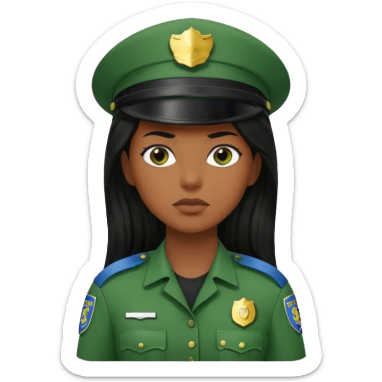 Female POLICE IN green, long black hair, brown skin sticker