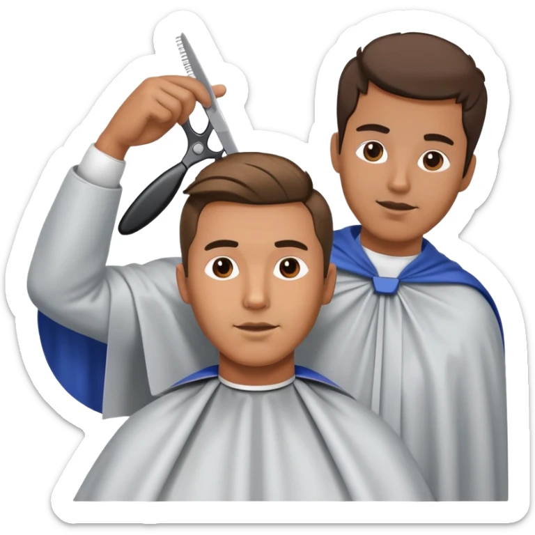 a man with a large face, wearing a barber cape, having his hair cut with scissors above his head sticker