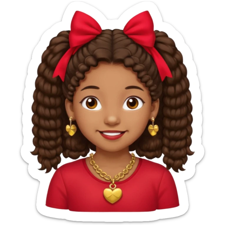 Brownskin girl dark brown hair fluffy. pigtails with red bows brown eyes smiling closed mouth red shirt gold esrrings gold necklace sticker