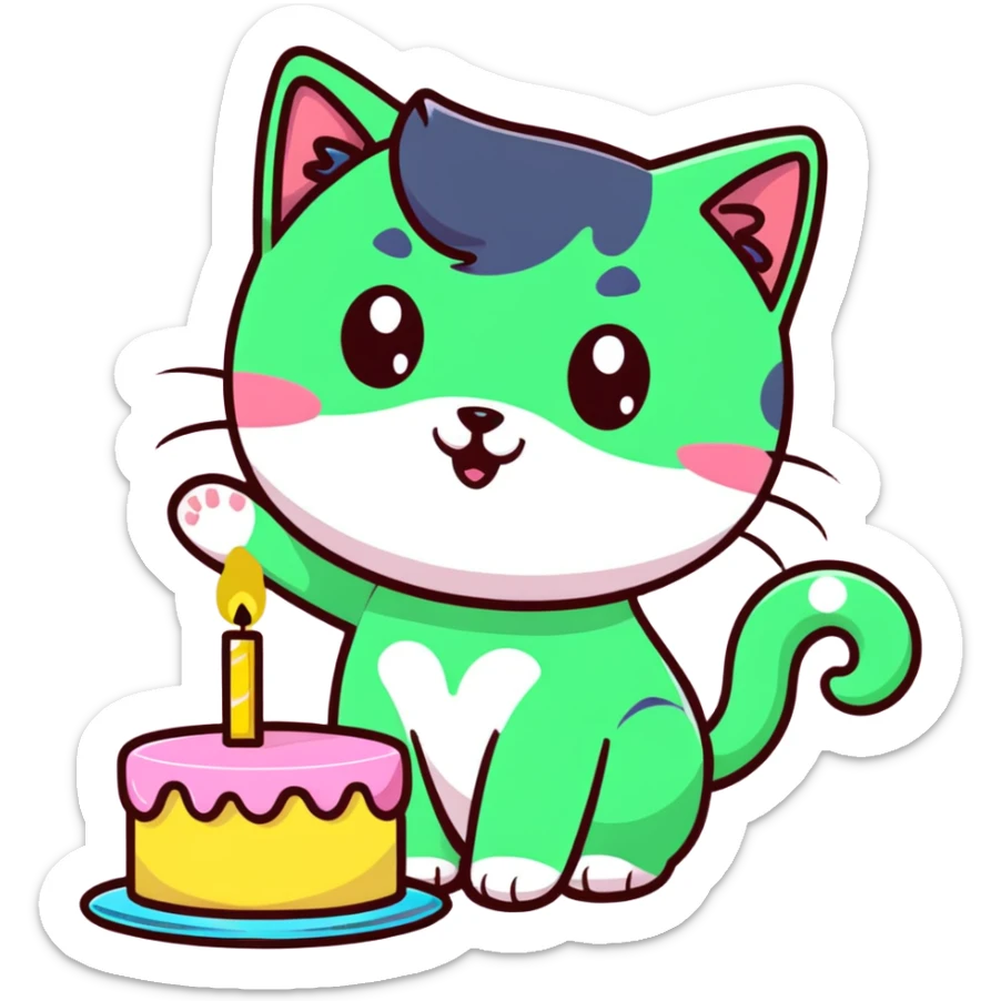 tricolor fluffy cat with big green eyes celebrating her birthday with a cake and champagne sticker