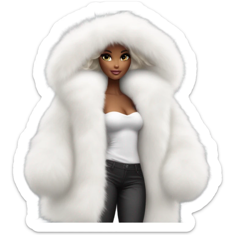 Barbie in an extremely big fluffy oversized white fur coat with hood on. The fur is real and it’s very obvious big and fluffy like in Pinterest  sticker