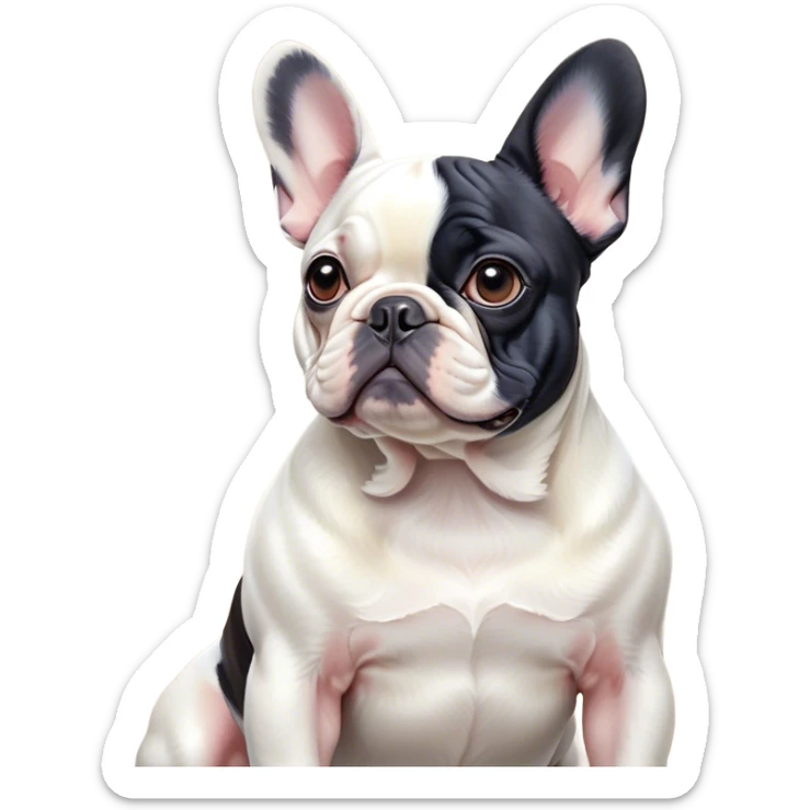 Cinematic Noble Pied French Bulldog Portrait Emoji, Radiating regal yet playful charm, with a distinctive pied fur of contrasting hues and a sculpted, expressive face featuring gentle, wise eyes and a confident stance, simplified yet artistically detailed, glowing with a soft, sophisticated radiance, high shine, exuding intelligent nobility and refined flair, soft glowing outline, capturing the essence of a noble Pied French Bulldog that embodies both strength and grace! sticker