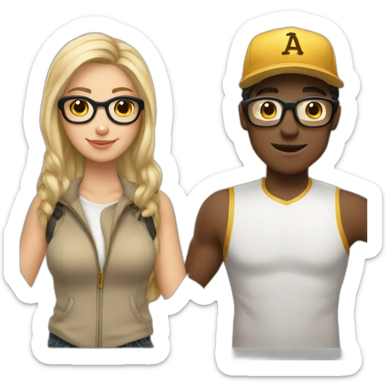 A Women with darkbrown hair and glasses in Love with a blond Man with gold glasses and a baseballcap sticker