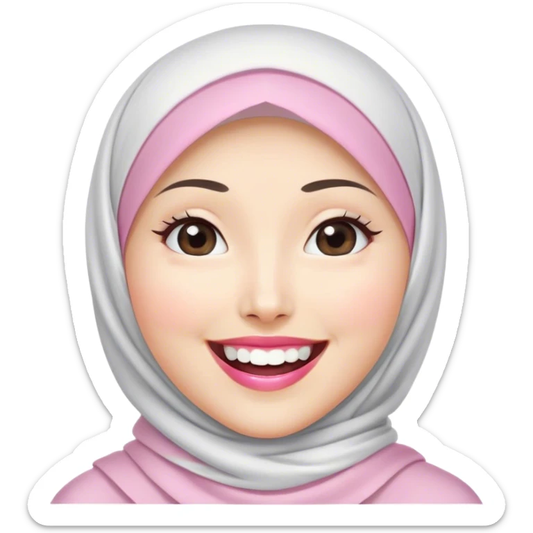 an Asian white woman hijab, her hijab color are white, her face is oval, her lips are pink, her eyes are shining, her face looks happy showing her teeth, her eyes are also smiling sticker