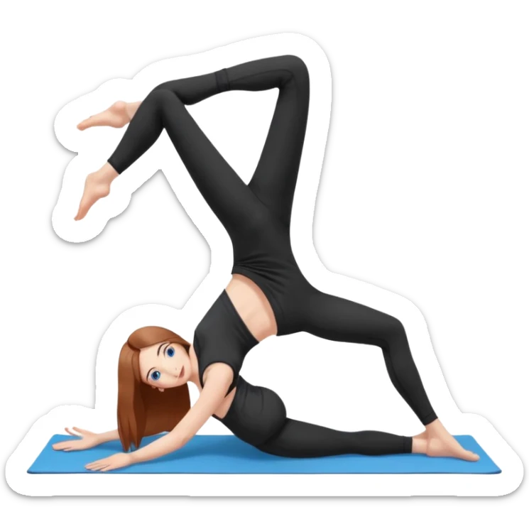 A girl with fair skin and a natural blush. Eyes are large, expressive, blue. Hair is long, straight, chestnut-colored. The smile is soft, friendly, practicing yoga in the adho mukha svanasana pose in a black top and leggings sticker