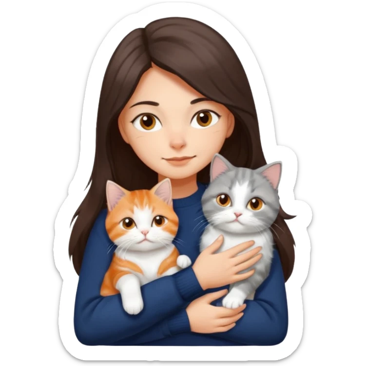 a girl with long dark brown hair, in a navy sweater, hugs a persian peaknose grey cat and persian peaknose orange and white kitten and a persion peaknose brown tabby and white cat sticker
