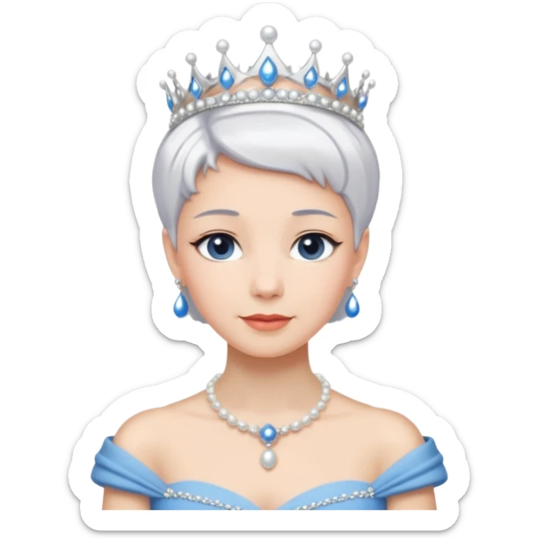Queen with white short hair – silver tiara, pearl necklace, elegant gown, blue dress sticker