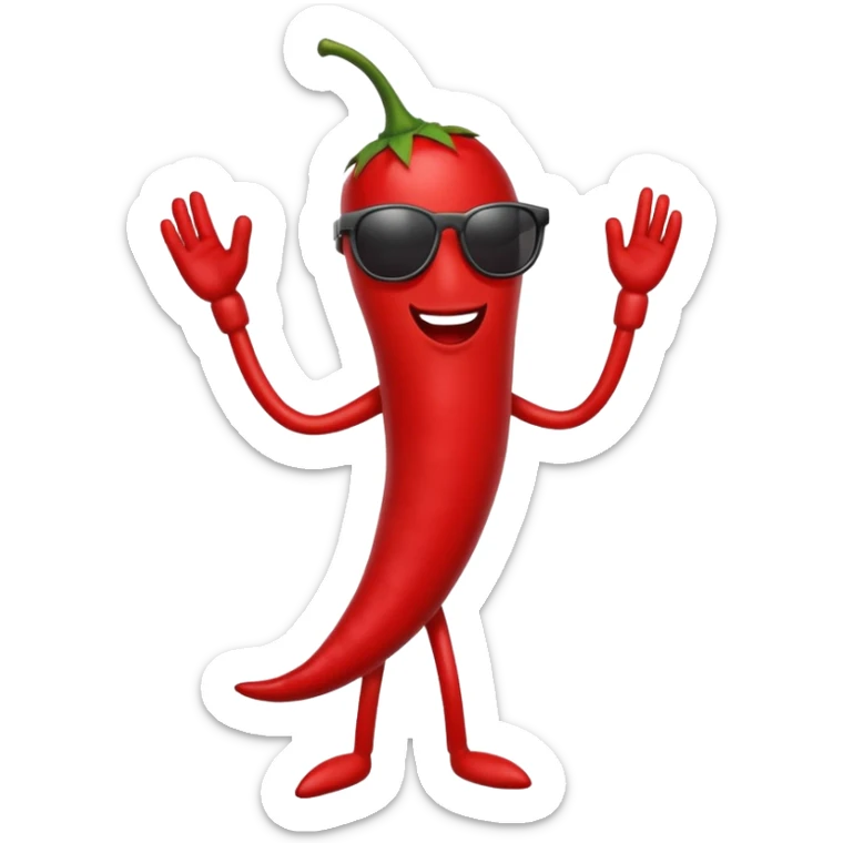 A chili pepper, with legs, arms, and a face. It can be seen wearing sunglasses sticker