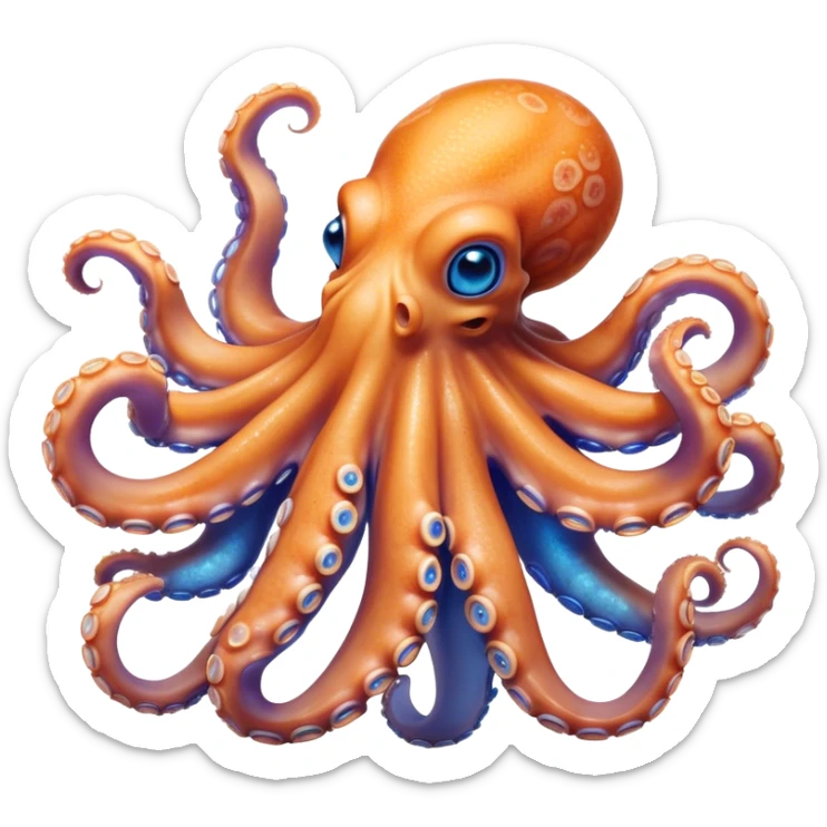 Cinematic Noble smiling Octopus Portrait Emoji, Poised and enchanting, with a light orange body adorned with vibrant blue rings and eight delightfully curling arms with gentle suckers, large sparkling eyes exuding warmth and playfulness, Simplified yet charmingly expressive features, highly detailed, glowing with a soft, magical underwater radiance, high shine, intelligent and irresistibly cute, stylized with an air of whimsical marine enchantment, focused and fluid, soft glowing outline, capturing the essence of a watchful and endearing octopus that appears ready to float out of the screen with delightful charm! sticker