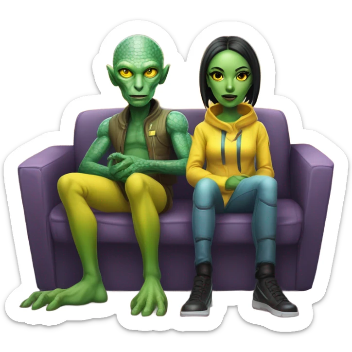 alien reptilian woman and humman man, sitting on a couch  sticker
